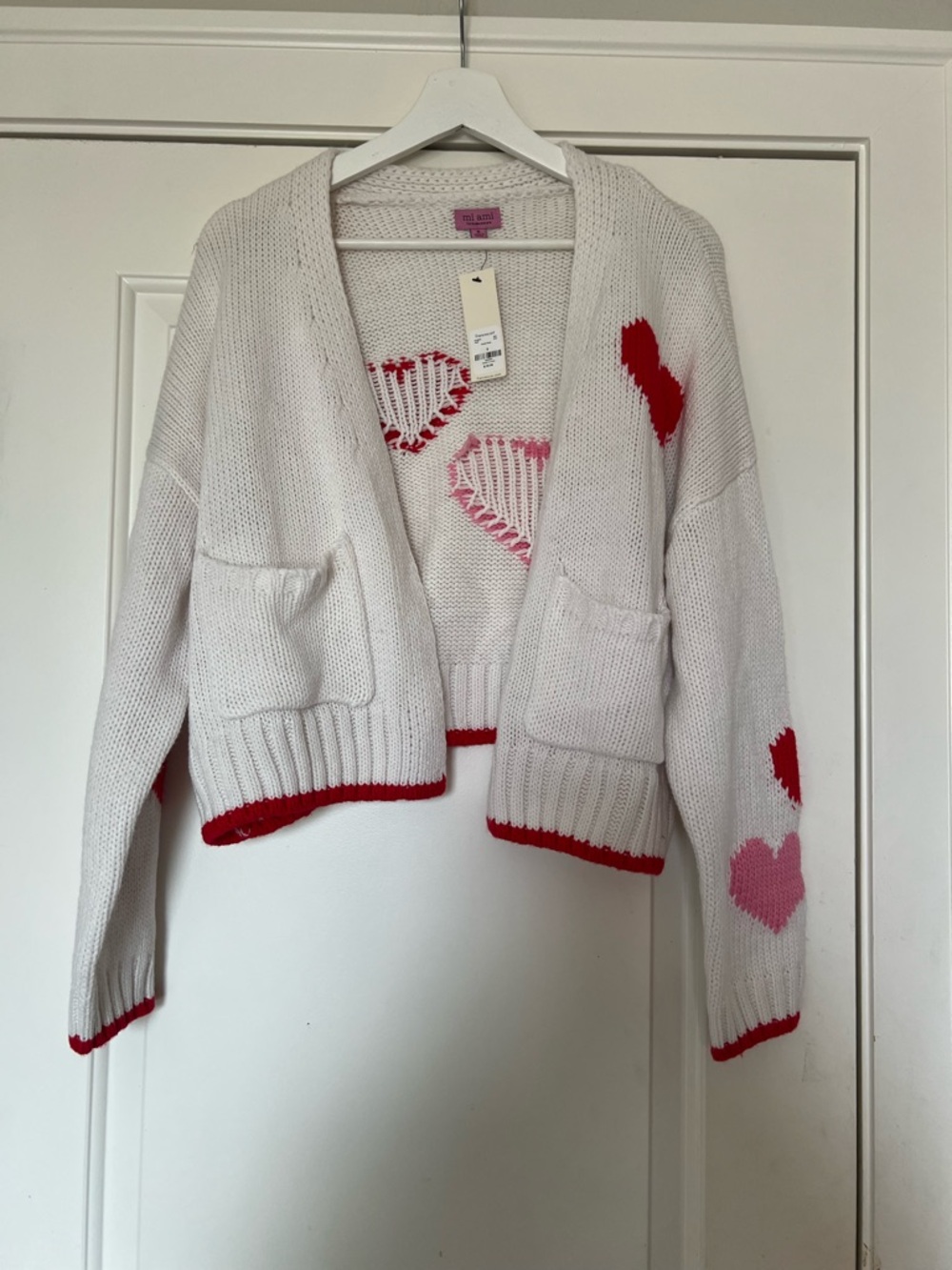 Francesca's Collections White Open-Front Cardigan with Pink & Red Hearts
